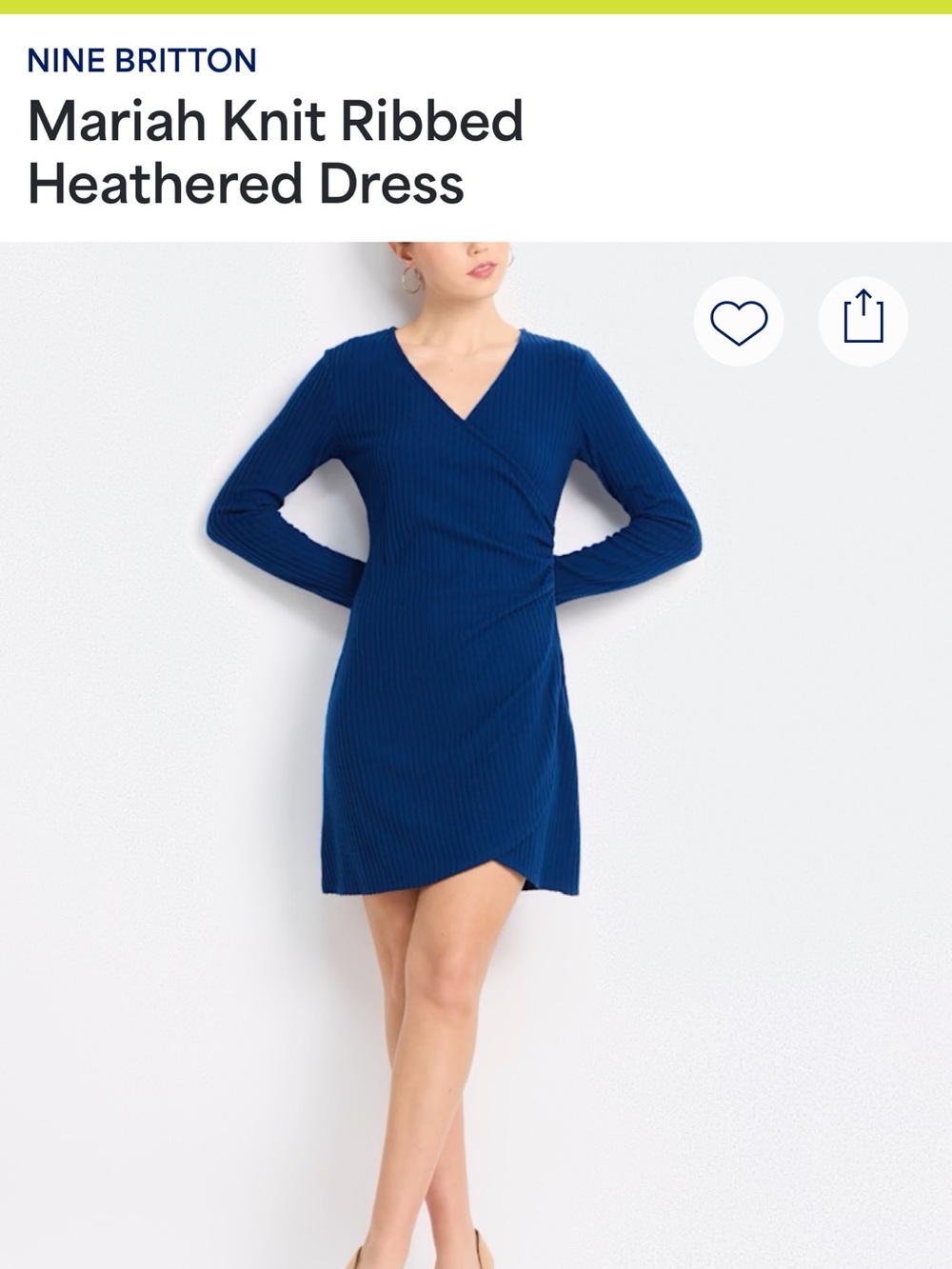 Nine Britton Deep Navy Ribbed Wrap-Style Long Sleeve Dress